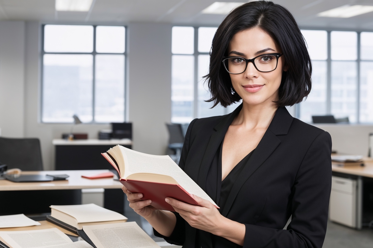 hero - an intelligent looking woman holding a book in an office